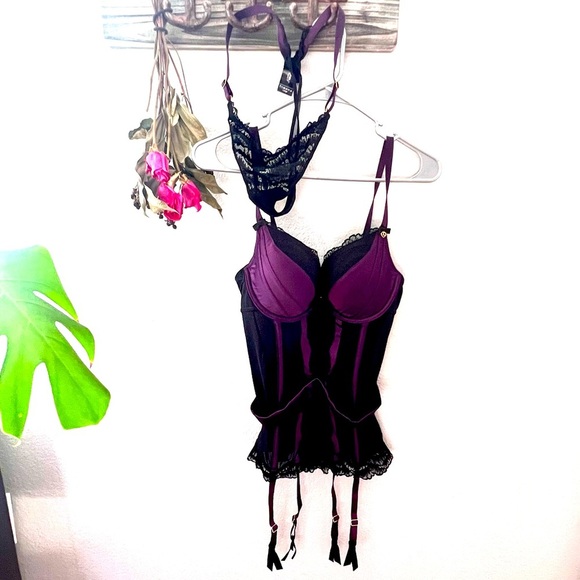 Lovehoney black & purple underwire, padded basque set w/lace thong; sz l nwot - Picture 2 of 14